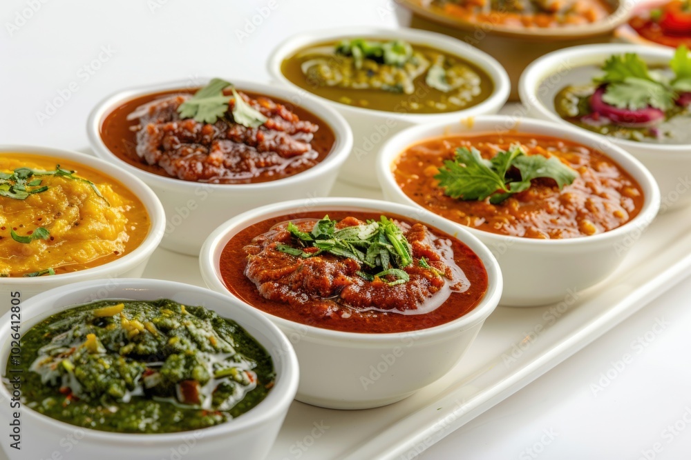 A collection of bowls filled with various foods placed on a white tray, ideal for use in editorial or advertising contexts A collection of bowls filled with various foods placed on a white tray, ideal for use in editorial or advertising contexts