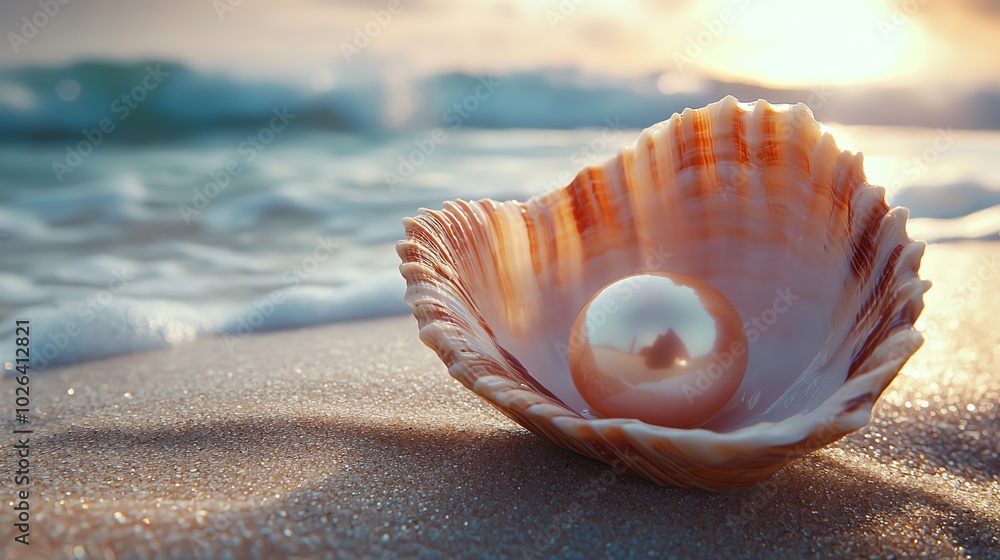 Shell with pearl on sandy beach, beautiful natural backdrop. Shell with pearl on sandy beach, beautiful natural backdrop.
