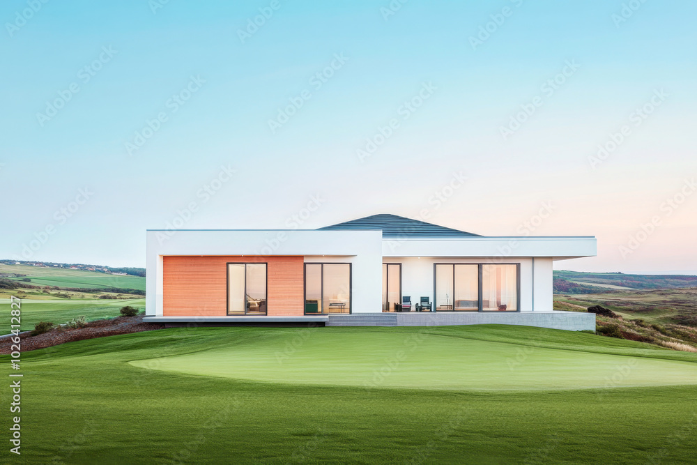 Modern house on a golf course at sunset with a clear sky and lush green landscape Modern house on a golf course at sunset with a clear sky and lush green landscape