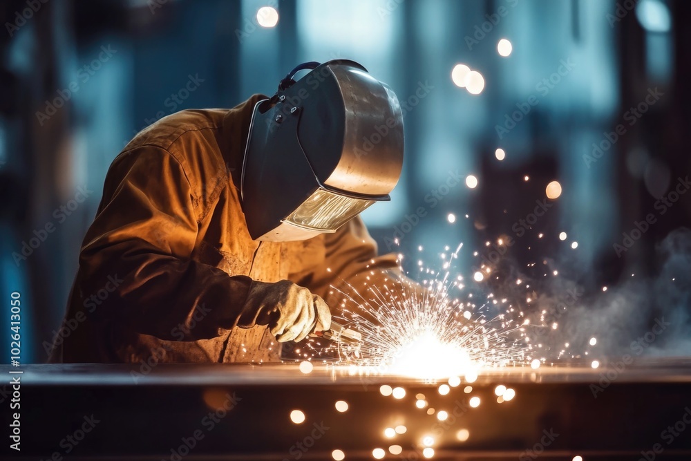 A person welding a piece of metal in a workshop A person welding a piece of metal in a workshop