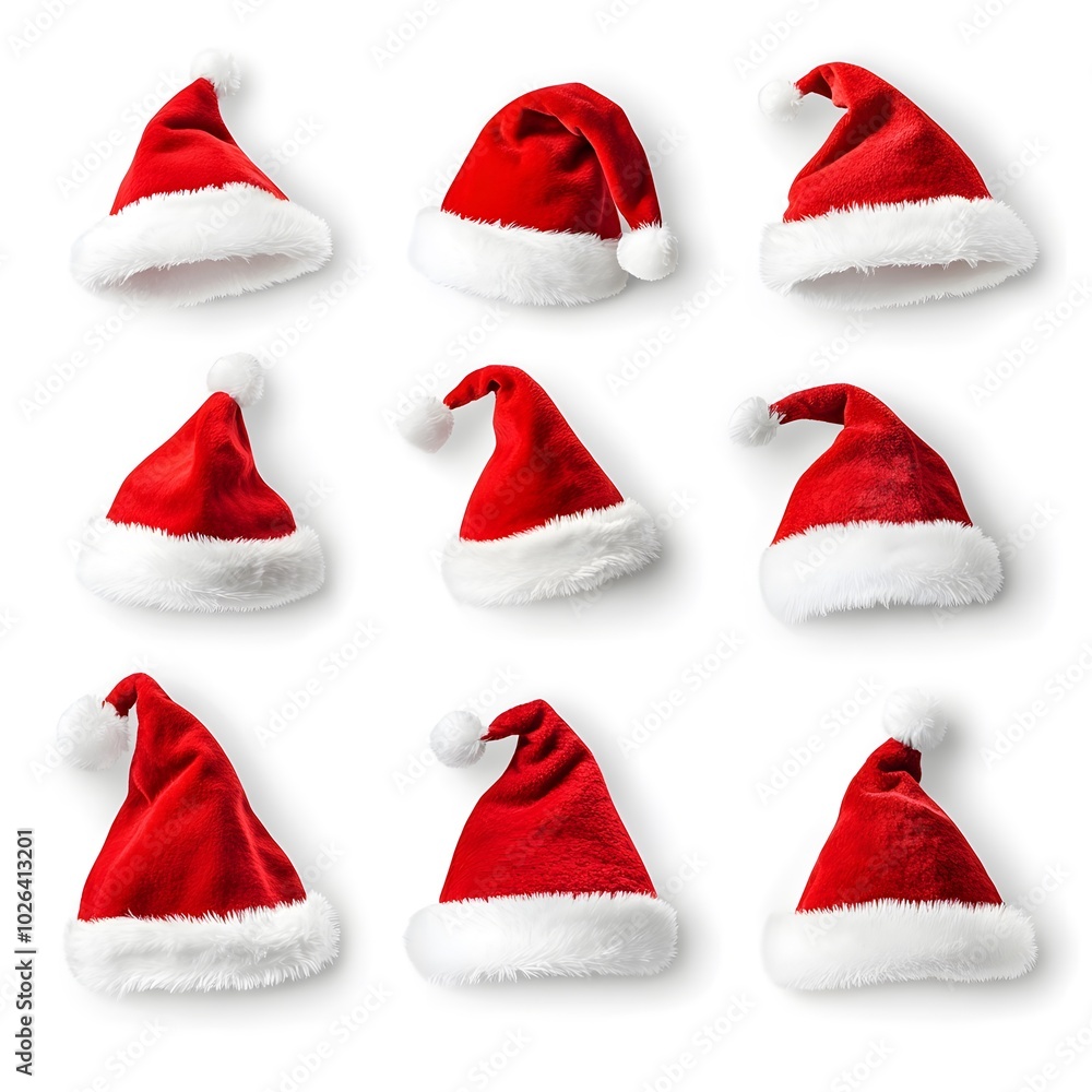 Collection of santa hats: festive red and white headwear for christmas celebration Collection of santa hats: festive red and white headwear for christmas celebration