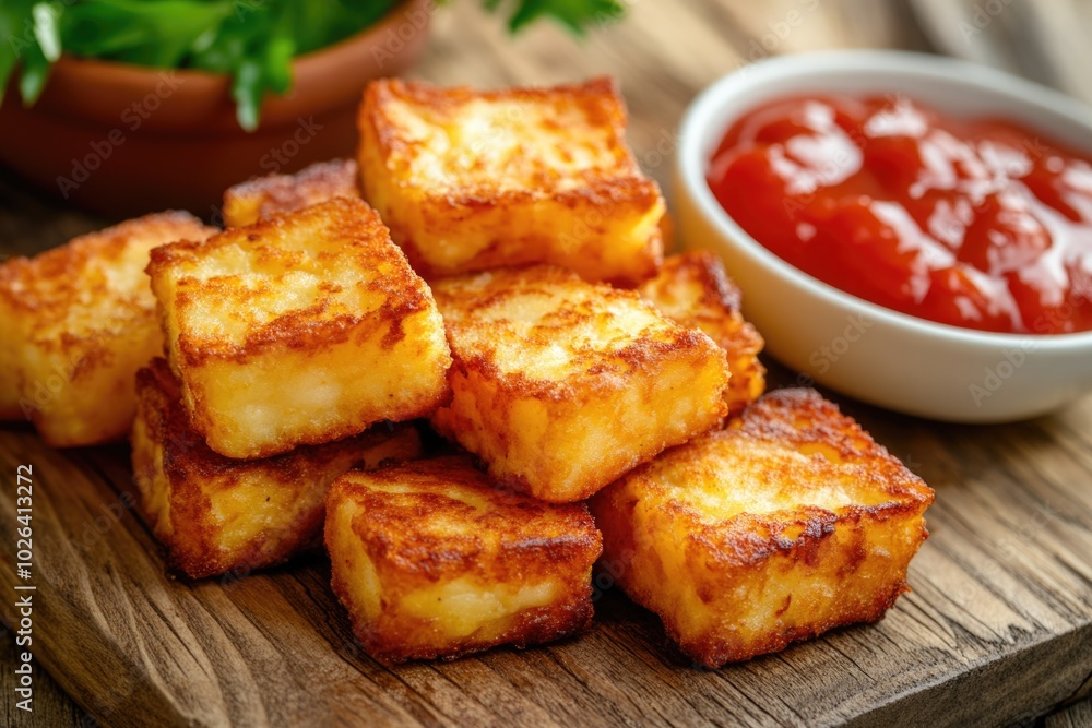 A wooden cutting board featuring tofu and a bowl of ketchup for a healthy meal prep A wooden cutting board featuring tofu and a bowl of ketchup for a healthy meal prep