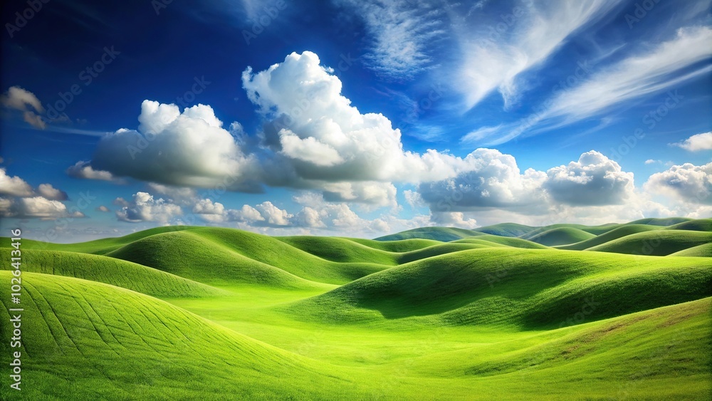 Minimalist landscape with green hills, blue sky, and clouds. Minimalist landscape with green hills, blue sky, and clouds.