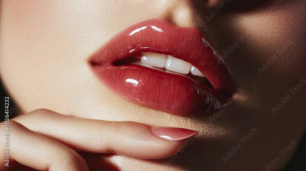 Obraz premium Glossy lips in close-up, with a finger resting against them, highlighting their smooth texture and the attention to beauty and skincare.