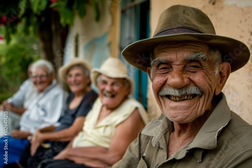 Portrait of an old man in a hat sitting in front of his family