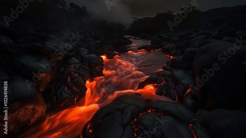 Lava River Flowing Through a Dark Landscape