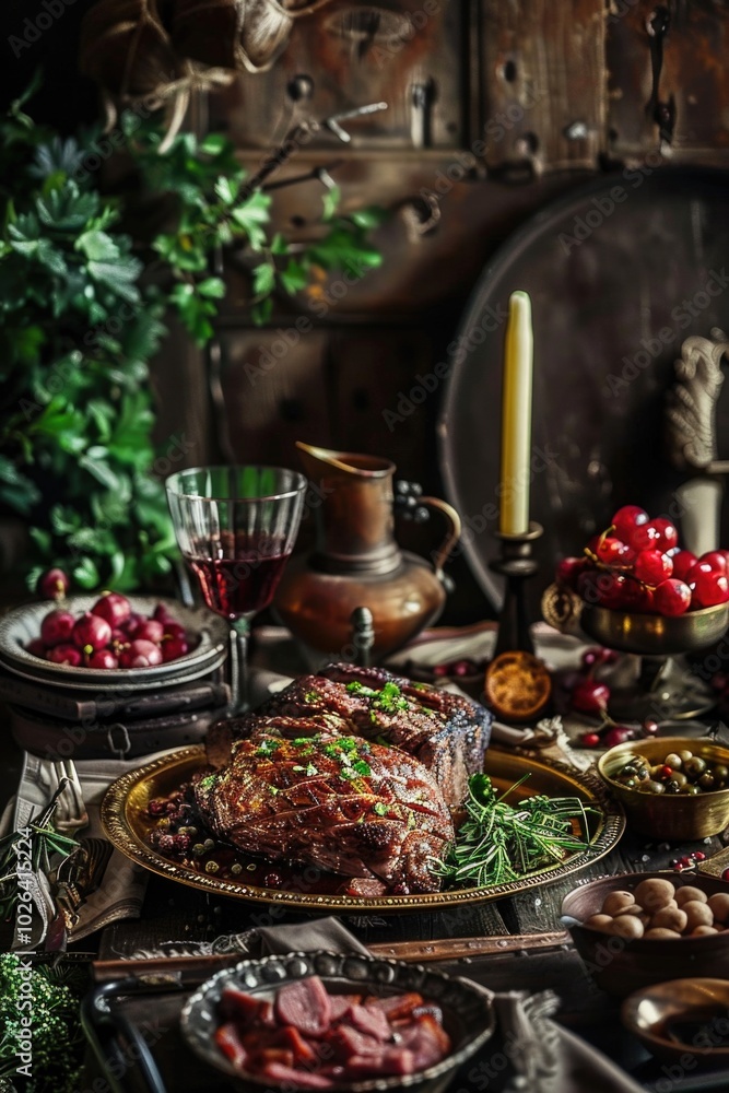 A table filled with various foods and a glass of wine, perfect for any social gathering or celebration A table filled with various foods and a glass of wine, perfect for any social gathering or celebration