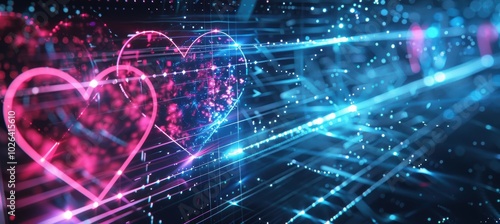 Wallpaper Mural Futuristic Valentine's Day Background with Neon Pink and Blue Heart Symbols on a Digital Grid Torontodigital.ca