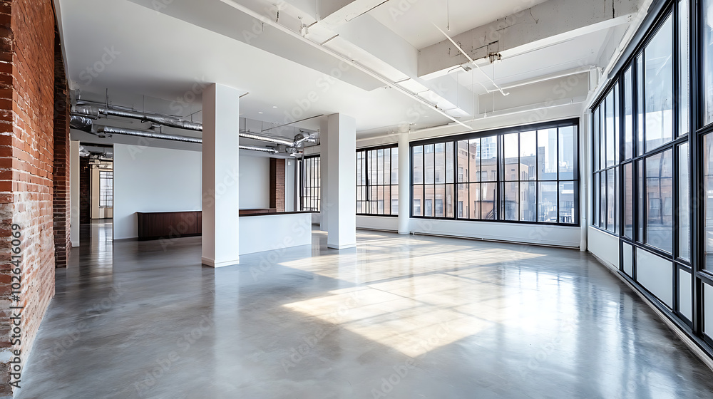Modern interior with large windows lining the walls, allowing an abundance of natural light to illuminate the open workspace and enhance the airy atmosphere. Modern interior with large windows lining the walls, allowing an abundance of natural light to illuminate the open workspace and enhance the airy atmosphere.