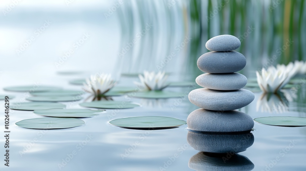 Stacked Stones in Serene Pond with Water Lilies Stacked Stones in Serene Pond with Water Lilies