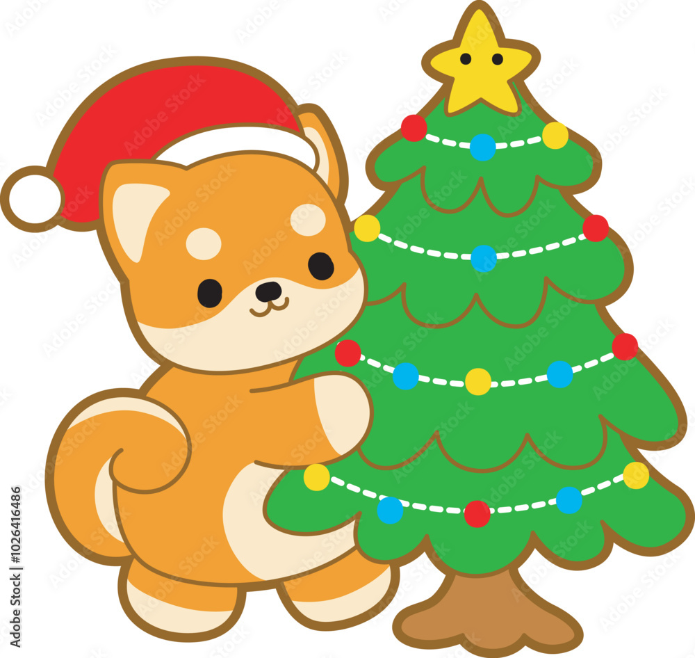 Cute puppy kawaii christmas dog lovely animal vector icon. Fluffy Shiba Inu christmas stickers. Santa doggy Cute puppy kawaii christmas dog lovely animal vector icon. Fluffy Shiba Inu christmas stickers. Santa doggy