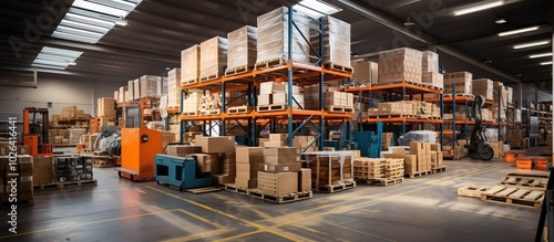 Warehouse Storage Interior with Forklifts and Pallets