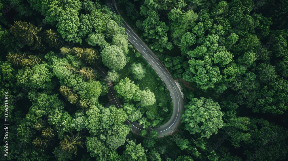 Aerial perspective of a car on a winding forest road amidst lush greenery and natural beauty Aerial perspective of a car on a winding forest road amidst lush greenery and natural beauty