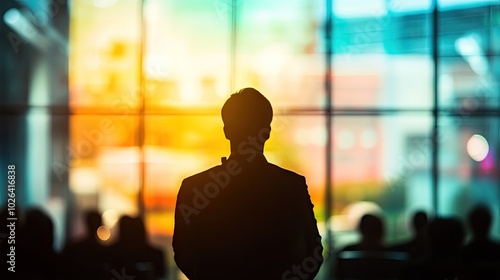 Leadership in action: silhouette of a speaker in a conference room, with a blurred audience, representing growth, development