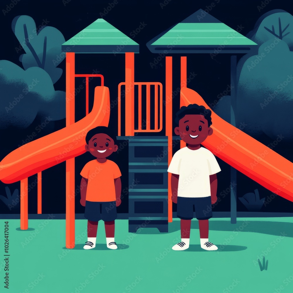 Two children smiling beside a colorful playground with slides.