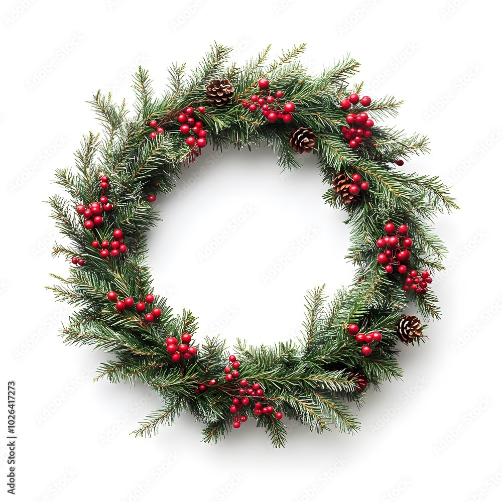 Festive christmas wreath with pine cones and red berries on white background Festive christmas wreath with pine cones and red berries on white background