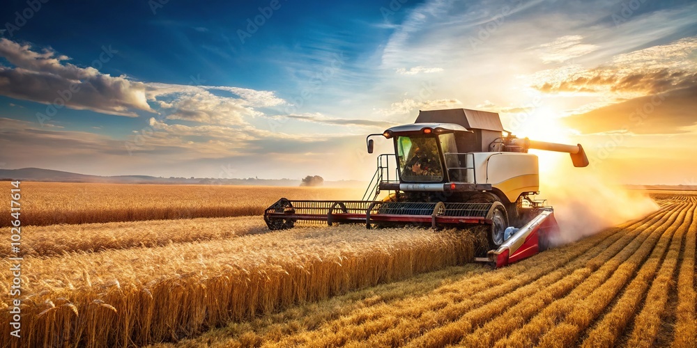 Fototapeta premium Combine harvester harvesting barley field