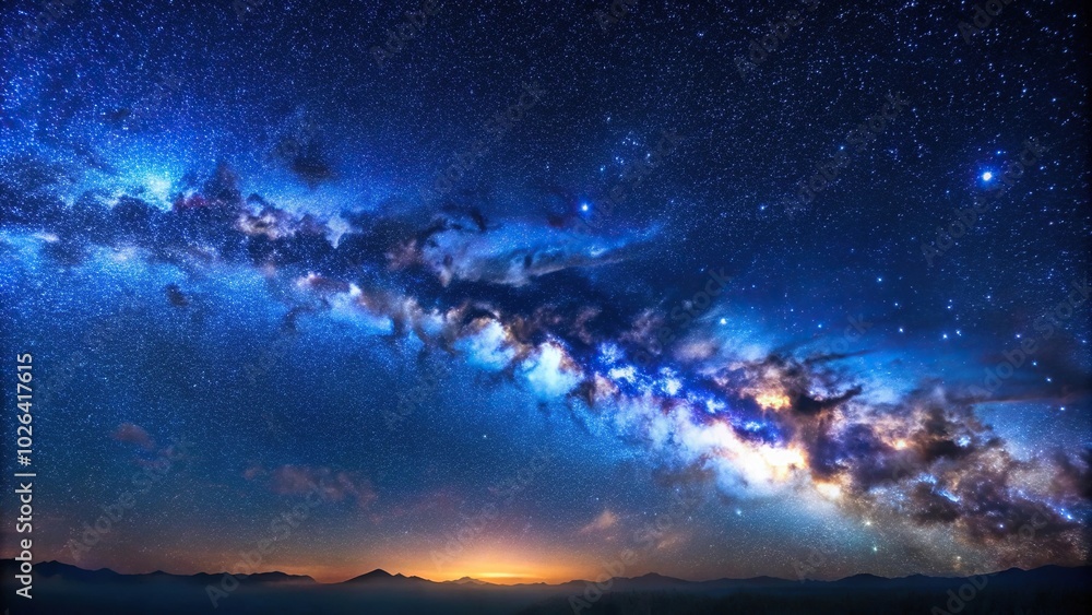 Naklejka premium Panorama blue night sky with milky way and stars on dark background Universe filled with stars