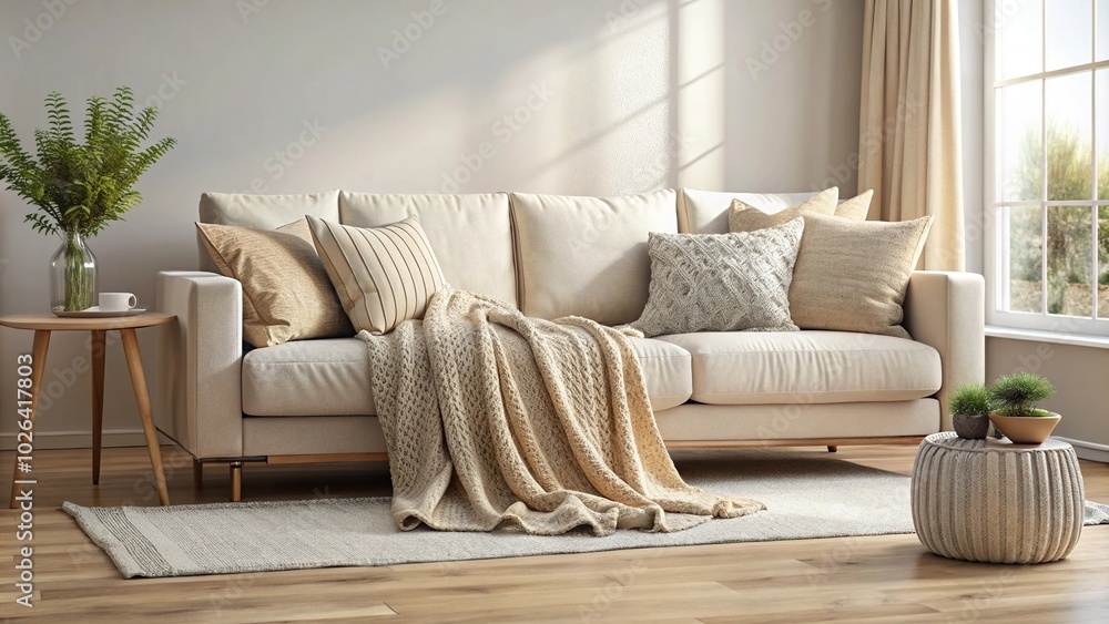 Comfortable lounge area with beige couch, knitted blanket, pillows Comfortable lounge area with beige couch, knitted blanket, pillows