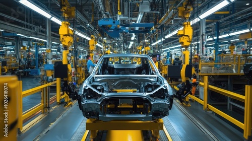 Modern car manufacturing plant with workers and machines assembling vehicle parts, demonstrating efficiency and technological advancements.