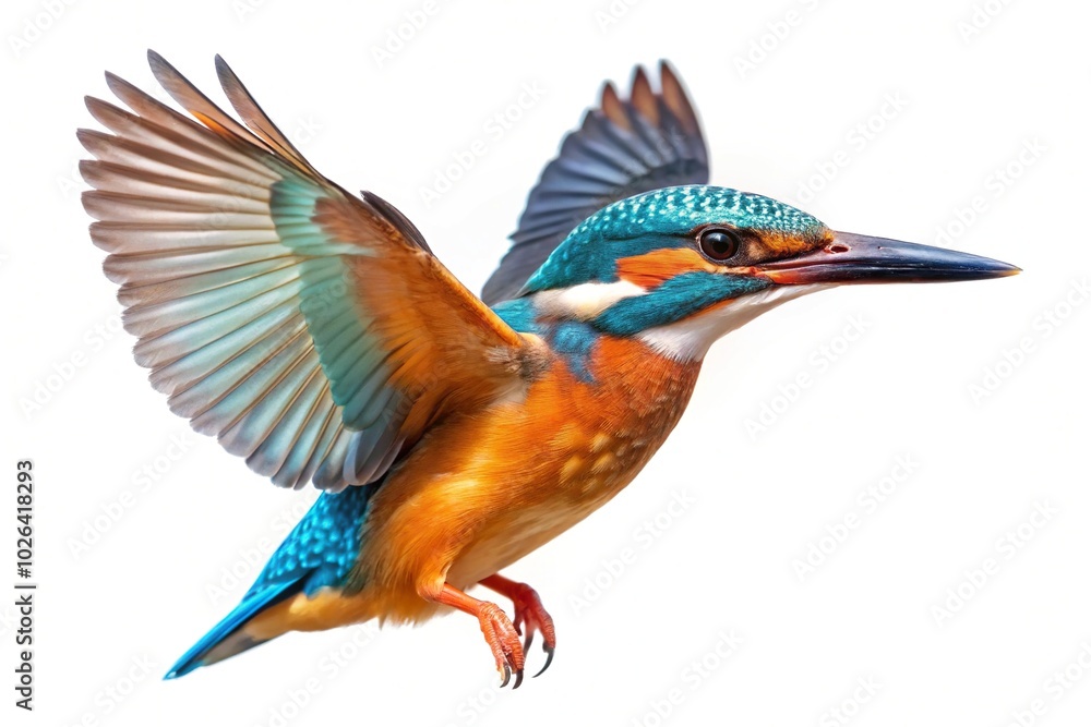 Obraz premium Common flying kingfisher isolated on white background with clipping path focus stacking Point of View