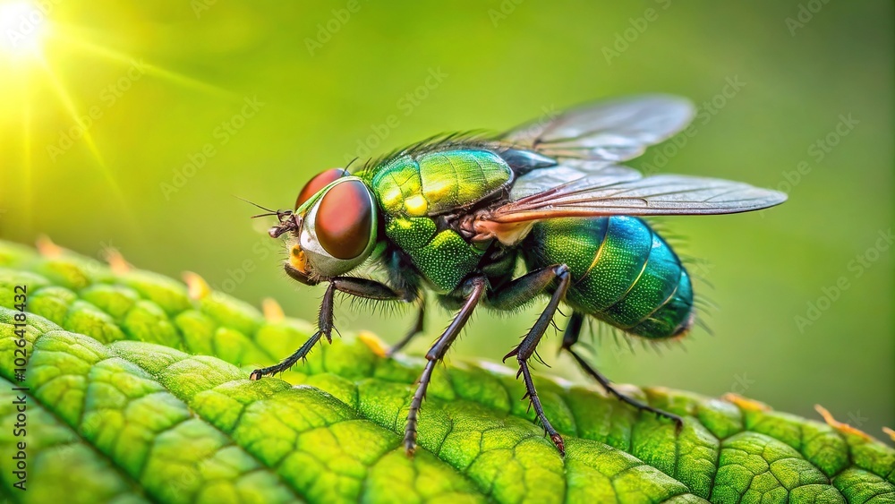 Common green bottle fly resting on leaf with blurred background silhouette Common green bottle fly resting on leaf with blurred background silhouette