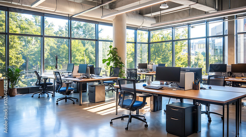 Open-space workspace with modern furniture and collaborative desks arranged for team productivity. Large windows allow natural light to illuminate the room, creating an inviting and energetic 