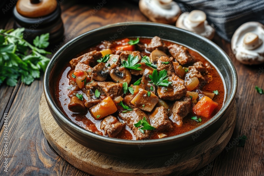 A warm and hearty bowl of stew made with meat and mixed vegetables, perfect for a comforting meal A warm and hearty bowl of stew made with meat and mixed vegetables, perfect for a comforting meal