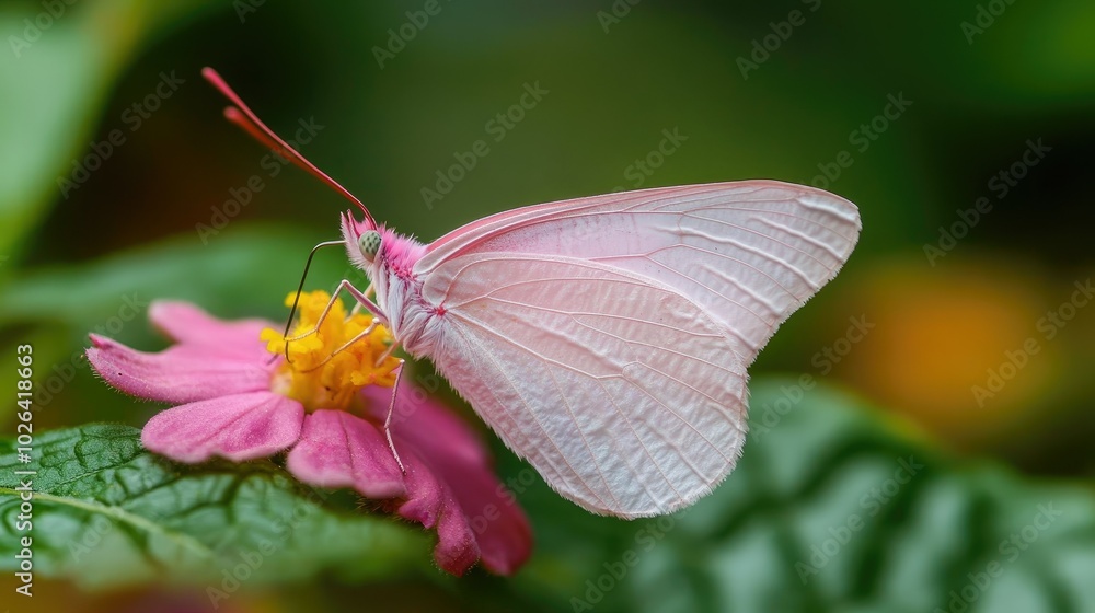 Naklejka premium A close-up of a delicate pink butterfly resting on a flower petal, with its wings softly spread