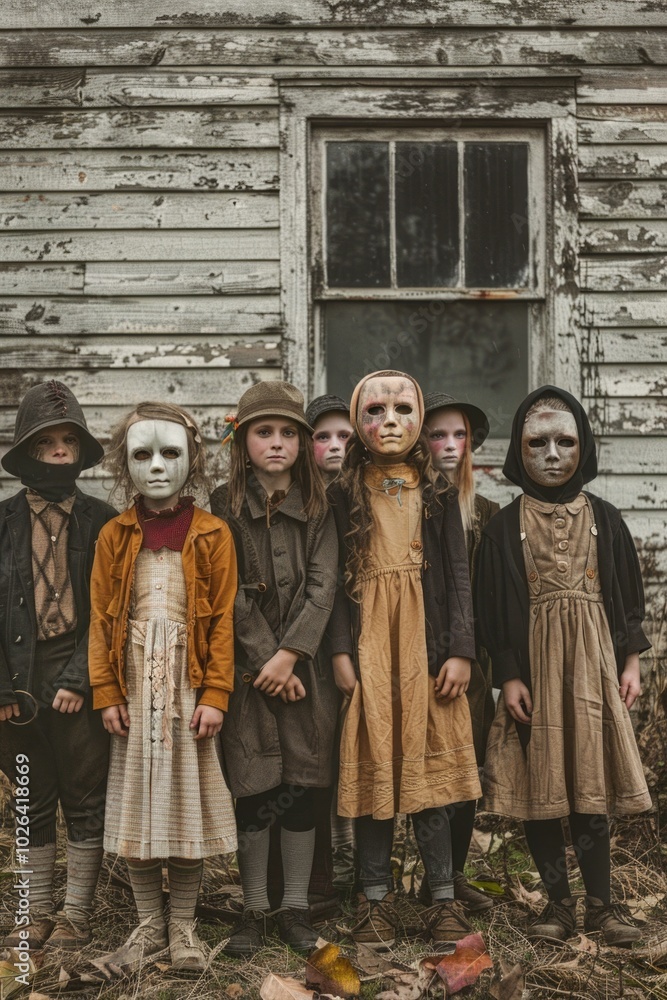 Naklejka premium Group of kids in Halloween costumes, fun and playful atmosphere