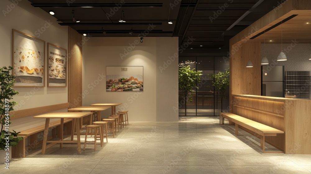 Modern interior of a cozy café with wooden furniture Modern interior of a cozy café with wooden furniture