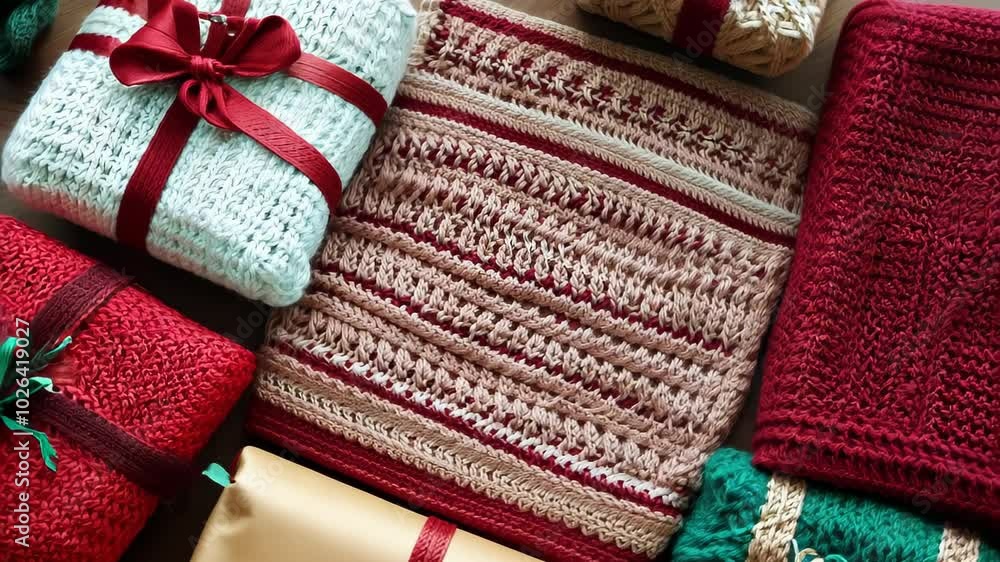 A pile of presents with a green and red blanket on top A pile of presents with a green and red blanket on top