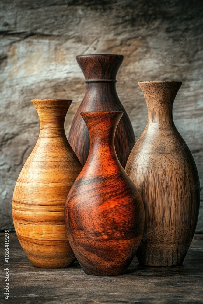 Three wooden vases sitting side by side, a decorative arrangement Three wooden vases sitting side by side, a decorative arrangement
