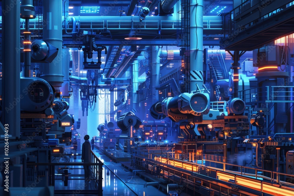 A futuristic industrial setting with a lot of machinery and bright lights, generative ai image A futuristic industrial setting with a lot of machinery and bright lights, generative ai image