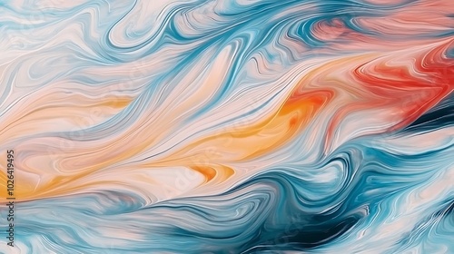 Colorful marbled acrylic painting capturing the fluid movement of paint and ink blending together in a wavelike pattern.