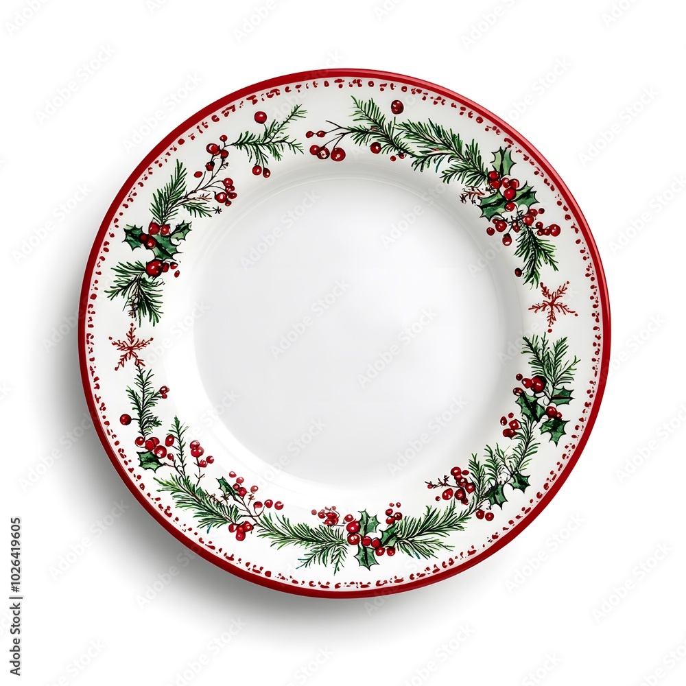 Festive christmas plate with holly and pine design on white background Festive christmas plate with holly and pine design on white background