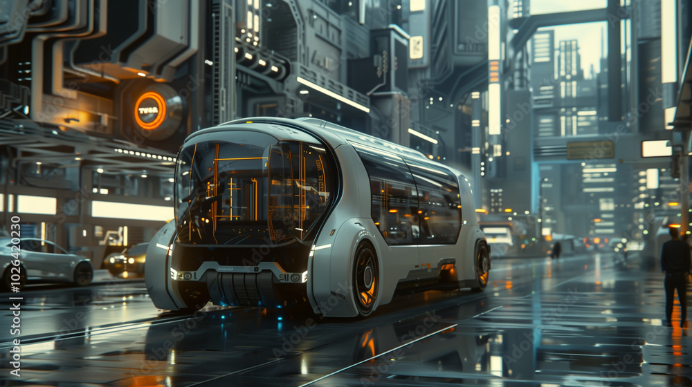 A sleek autonomous public vehicle cruising through a futuristic urban environment, surrounded by neon-lit high-tech buildings and streets reflecting ambient city lights A sleek autonomous public vehicle cruising through a futuristic urban environment, surrounded by neon-lit high-tech buildings and streets reflecting ambient city lights