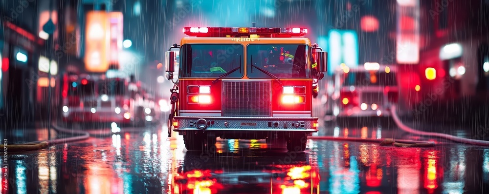A fire engine rushing through neon-lit urban streets, rain-soaked reflections, intense focus on fast-paced rescue mission A fire engine rushing through neon-lit urban streets, rain-soaked reflections, intense focus on fast-paced rescue mission