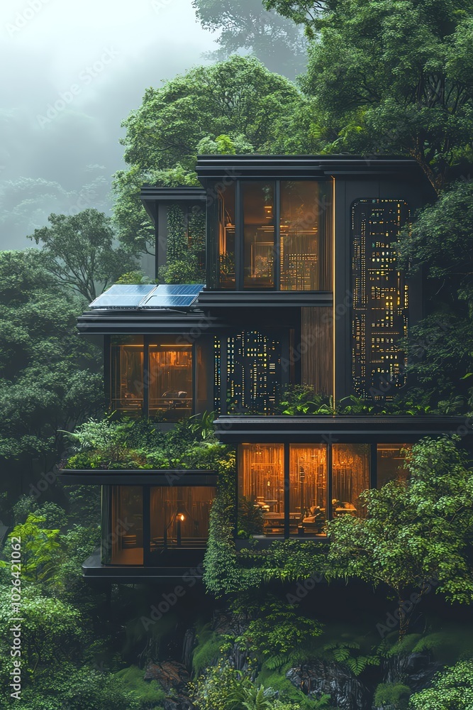 Futuristic house with solar panels, surrounded by lush forest and digital circuits Futuristic house with solar panels, surrounded by lush forest and digital circuits