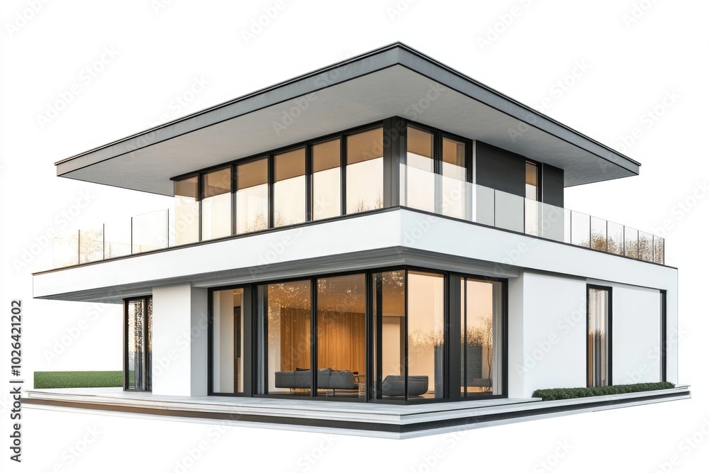 A two-story house with a balcony on the first floor and another balcony above it A two-story house with a balcony on the first floor and another balcony above it