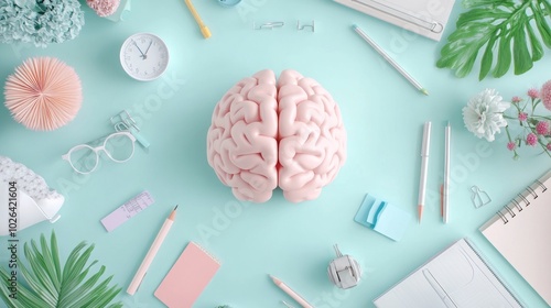 A pink brain centerpiece surrounded by colorful office supplies.