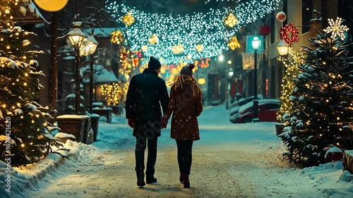 A couple strolls through a snowy city street at night, enjoying the Christmas lights