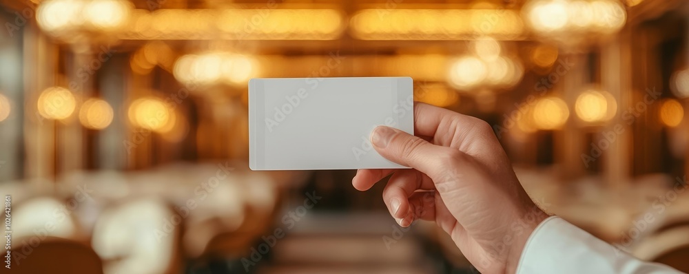 Hand holding a VIP reservation card in an opulent restaurant, elegant golden lighting and plush seating, exclusive dining experience Hand holding a VIP reservation card in an opulent restaurant, elegant golden lighting and plush seating, exclusive dining experience