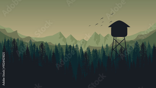 sunrise in the mountain forest sillhouette vector illustration good for presentation, advertising, ads, business, wallpaper, backdrop, background, and web banner