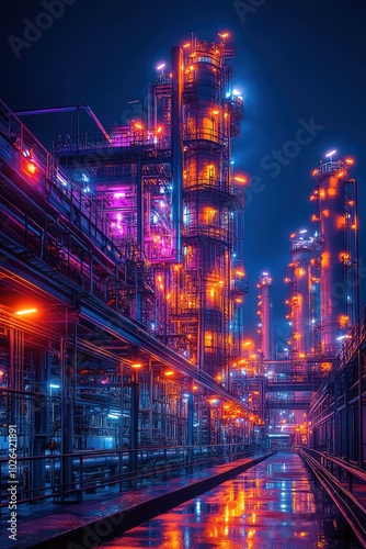 Industrial refinery at night, illuminated by vibrant lights