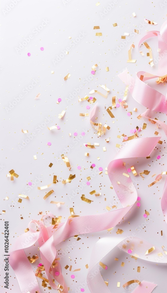 Elegant Pink and Gold Abstract Birthday Background with Ribbons and Confetti for Modern Design Elegant Pink and Gold Abstract Birthday Background with Ribbons and Confetti for Modern Design