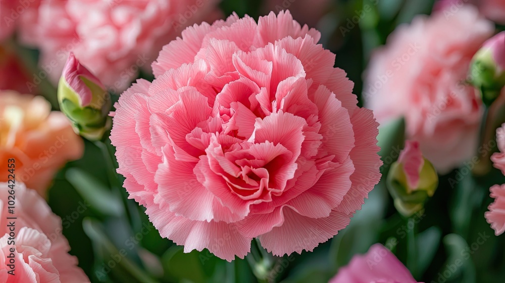 A close-up of a pink carnation in a bouquet, with soft petals and lush green leaves