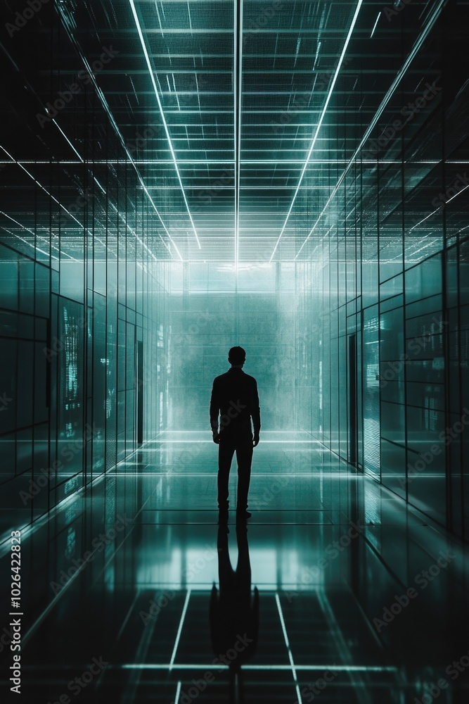 A person standing alone in a dimly lit space A person standing alone in a dimly lit space