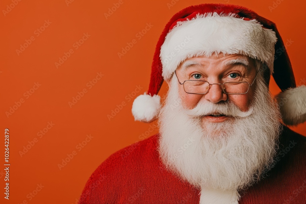 Jolly Santa Claus smiling in a festive red outfit with a snowy white beard, orange background. Jolly Santa Claus smiling in a festive red outfit with a snowy white beard, orange background.