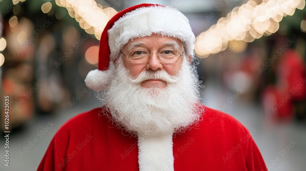 Santa Claus portrait with festive lights in the background, cheerful and warm. Santa Claus portrait with festive lights in the background, cheerful and warm.